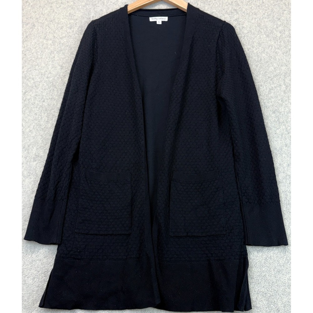 Kathy Ireland Womens Open-Front Cardigan Black Knit Long-Sleeve Patch Pockets XL
